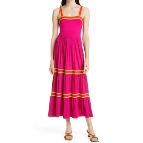 Ted Baker London Norabel Tiered Jersey Vest Dress Midi Bright Pink Stripe Trim X - Picture 1 of 11